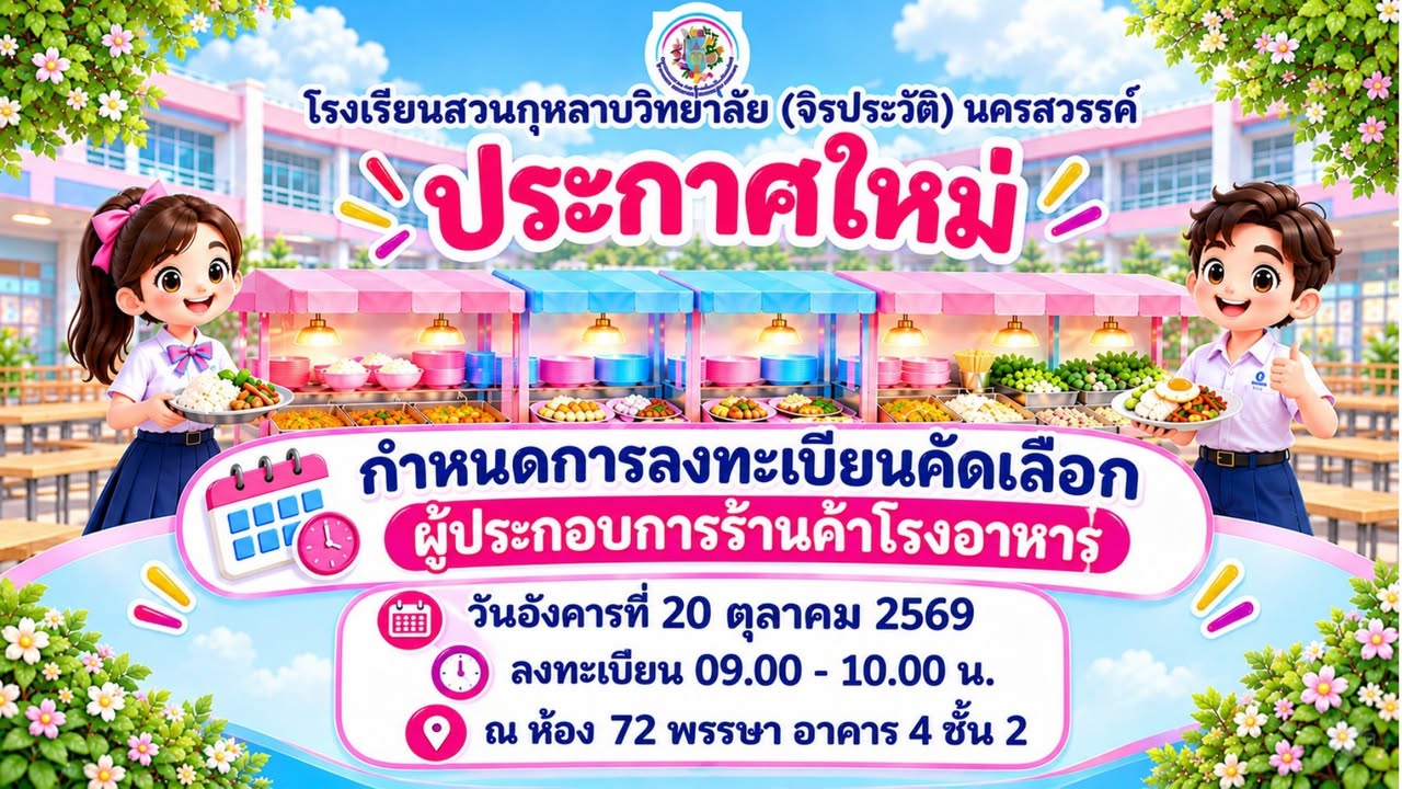 ประกาศ! เปลี่ยนแปลง สถานที่ คัดเลือกผู้ประกอบการร้านโรงอาหารจาก "ห้องกลิ่นกุหลาบ" เปลี่ยนเป็น "ห้อง